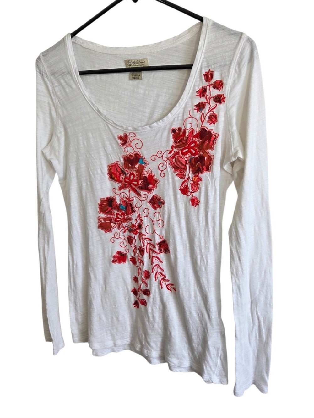 Lucky Brand Floral Embroidered Applique Scoop Neck 100% Cotton Top Size M - Picture 2 of 11